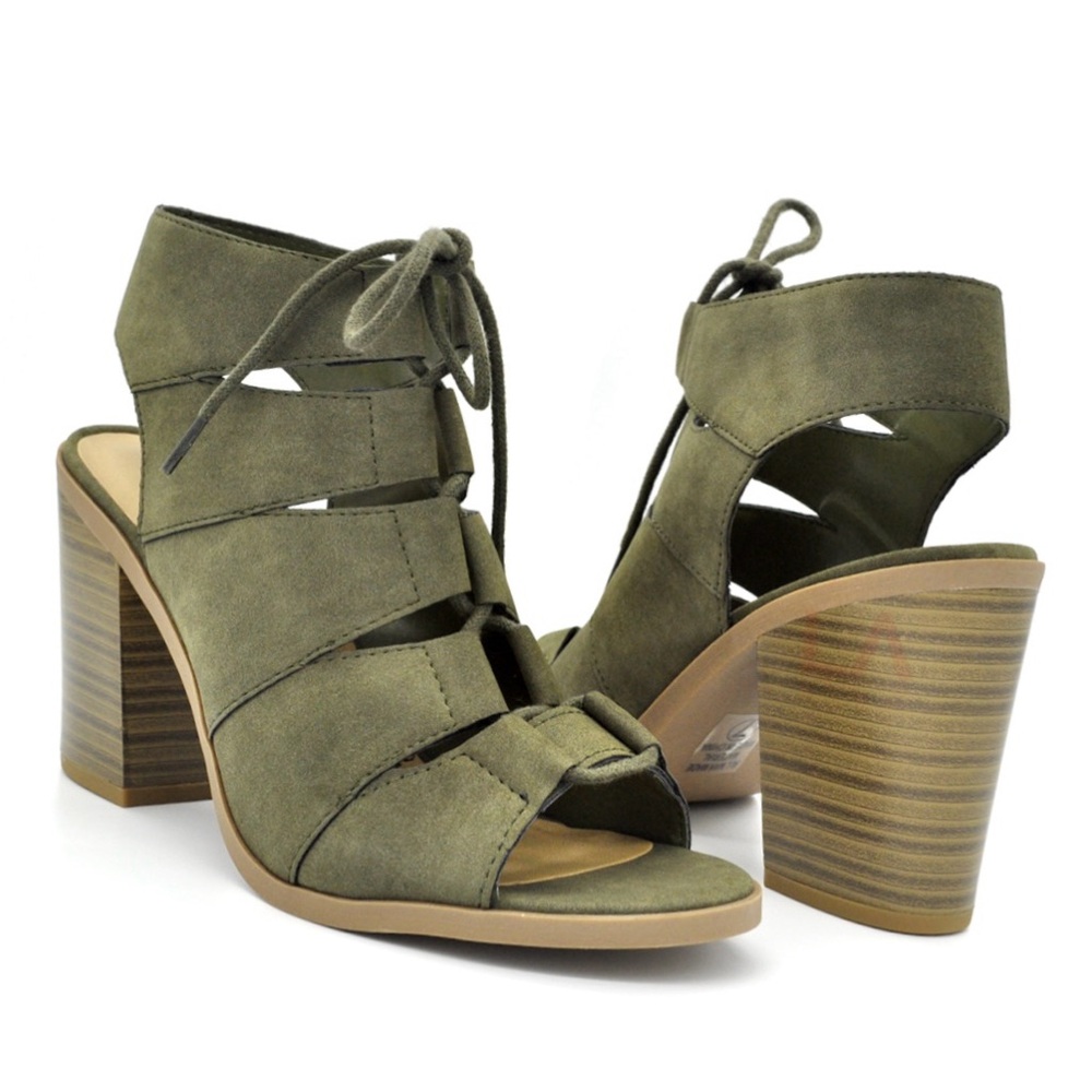 Soda Sandal Quince Open Toe Lace Up Block Stacked Chunky Heel Slingback size 6.5